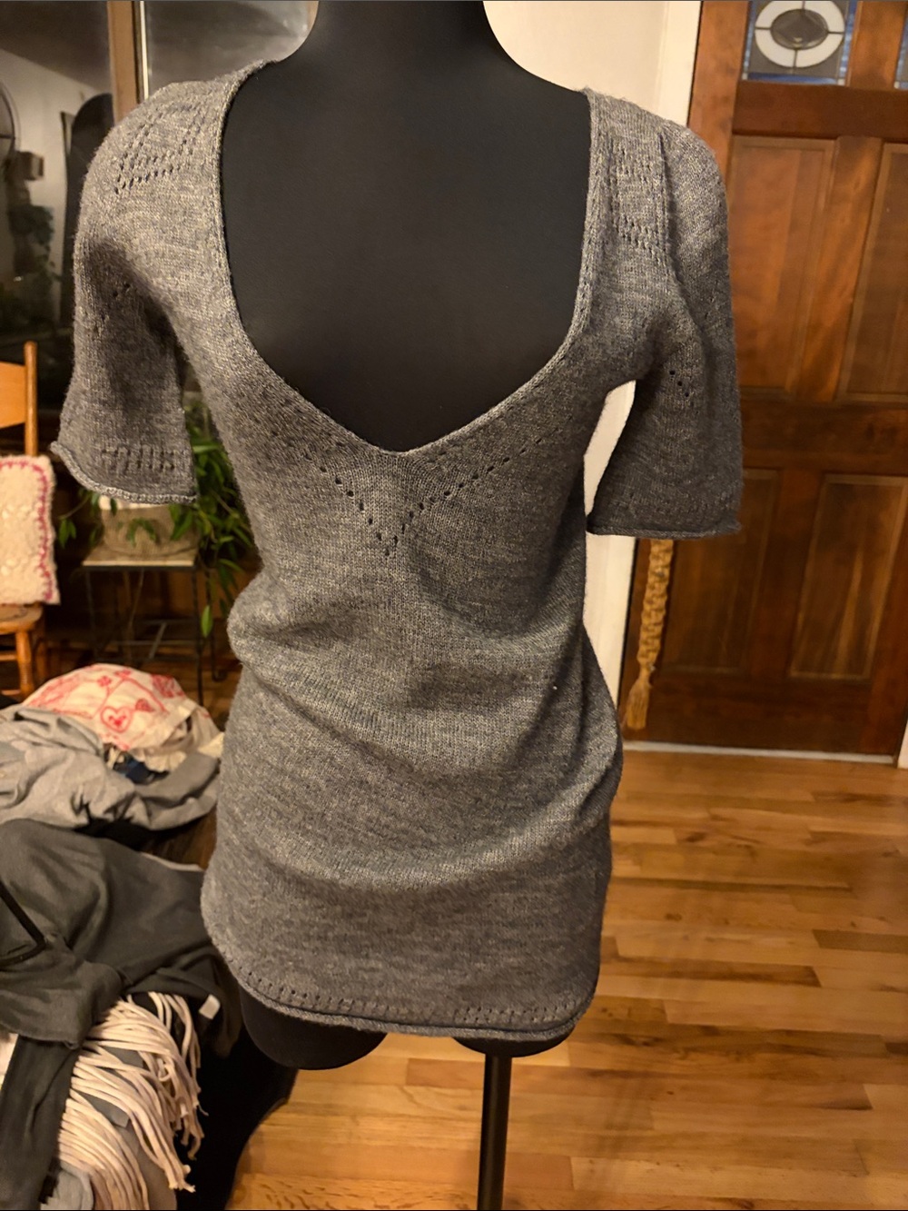 See By Chloe Gray V-Neck Short Sleeve Knit Sweater